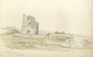 Avaldsnes med storhaugene Flagghaugen og Kjellerhaugen dannet kjernen i et maktsenter i eldre jernalder. Akvarell i arkeologen Anders Loranges notisbok ca. 1875, etter J.C. Dahls tegning fra 1811.