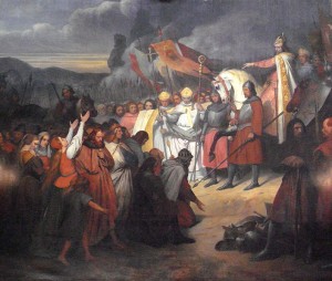 Karl den store mottar Widukinds overgivelse. Widukind var en av saksernes fremste ledere i kampen mot Karl den store. (Maleri av Ary Schefferr , 1795 - 1858. Originalen henger i Versailles)   