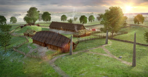 The first royal seat at Avaldsnes, about 300 AD. To the left; Hall facing Karmsundet: Center of the picture; large long house. The star-shaped stone setting with bauta is the first one we know in Norway, and the largest in Scandinavia. Illustration of Arkikon based on archaeological excavations.