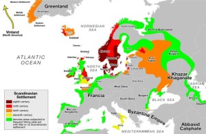 Kart over vikingenes hjemland og steder der de slo seg ned. (Foto Wikimedia Commons)