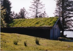 Utvendig er dette ein rekonstruksjon frå eit hus funne på Ytre Moa, Sogn. (Foto Marit Synnøve Vea)