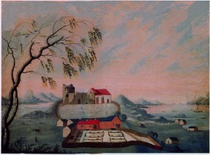 The Flag Mound located north of the church. Further north you can see other burial mounds that lay along the fairway Karmsundet. To the left you can glimpse the Bronze Age mounds of Blood Heights. (Painting by Johs.Rasch 1738. National Museum Copenhagen)