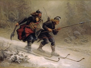 Birkebeinerne fører kongesønnen Håkon Håkonsson over fjellet.  Håkons mor Inga fra Varteig var Kong Sverres frille. (Maleri Knud Bergslien).