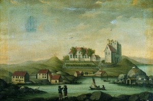 "Avaldsnes Kirke 1710". Til venstre Kuhaugen